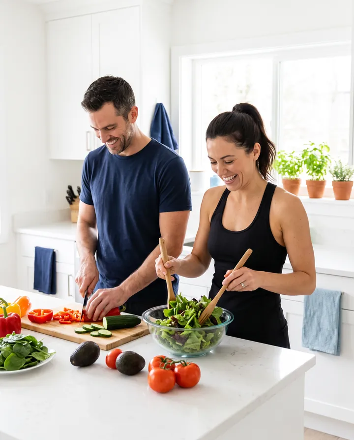 Couple laughing while cooking a fresh salad together in a white kitchen