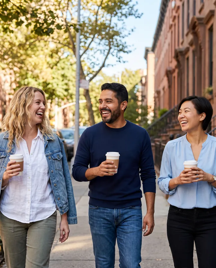 Three friends laughing while walking with coffee on a city sidewalk