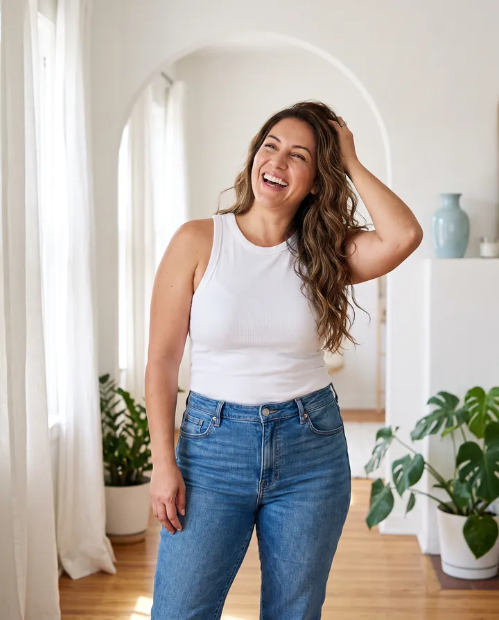 Smiling woman in a white tank top and jeans laughing in a bright living room