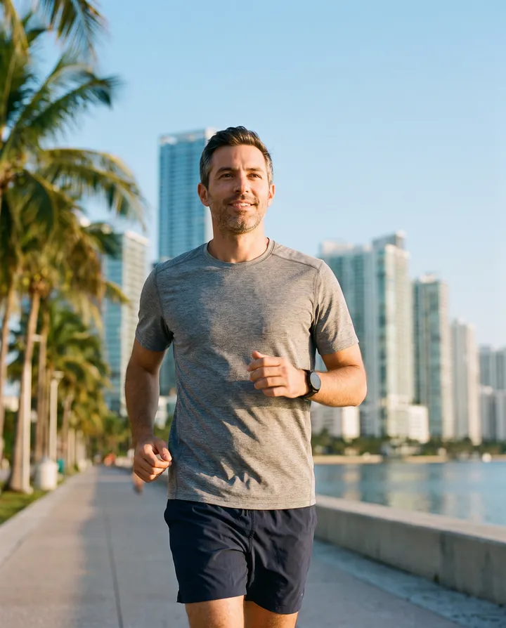 Man smiling while jogging along a sunny waterfront with palm trees and a city skyline