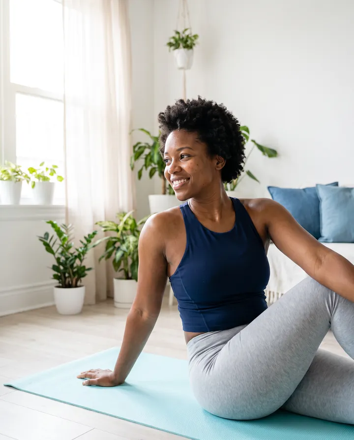 Woman smiling during a gentle stretch on a yoga mat at home