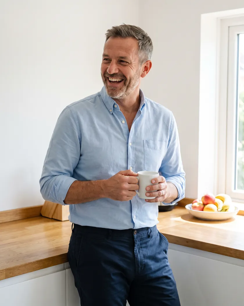 Man laughing with a cup of coffee in a sunlit kitchen