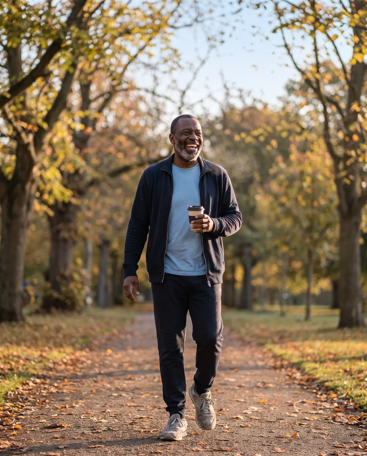Man laughing on a morning walk through a park in autumn, holding a coffee