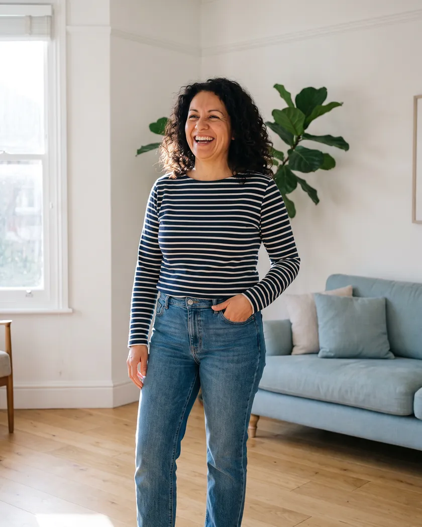 Smiling woman in a striped top standing in a bright living room