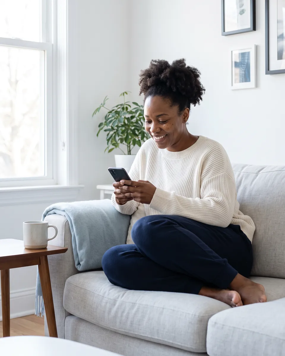 Woman smiling at her phone while relaxing on a sofa at home